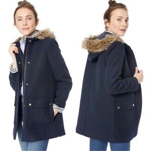 J. Crew Mercantile Faux Fur Hooded Wool Vail Parka Jacket Navy Blue Size 14